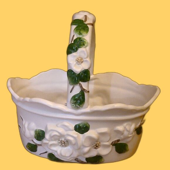 Napcoware Embossed Raised Relief Magnolia Flowers Ceramic Handled Basket Planter - Picture 1 of 7